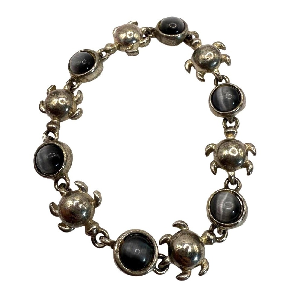 Vintage Silver Tone Turtle Link Bracelet‎ Black Cabochon Stones Magnetic Clasp
